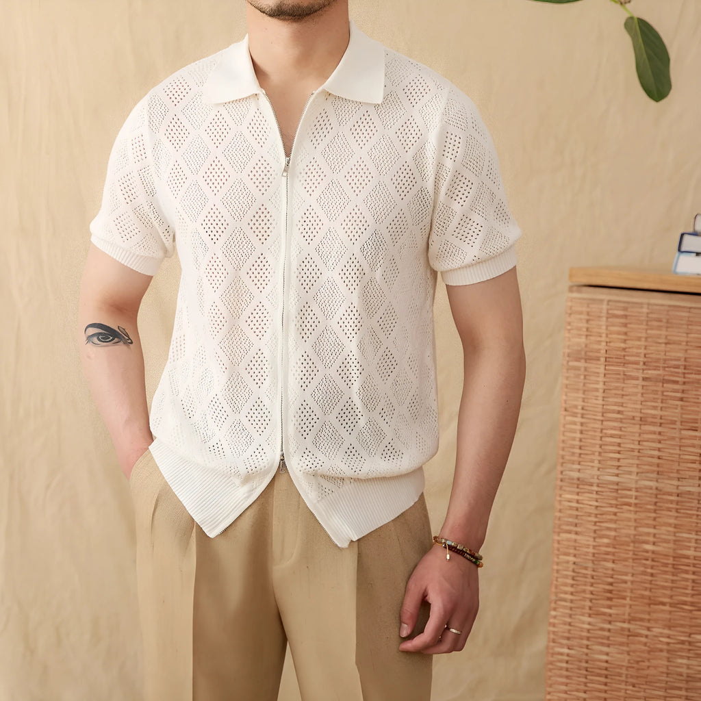 Men's light brown cotton lapel cardigan with zipper closure and short sleeves