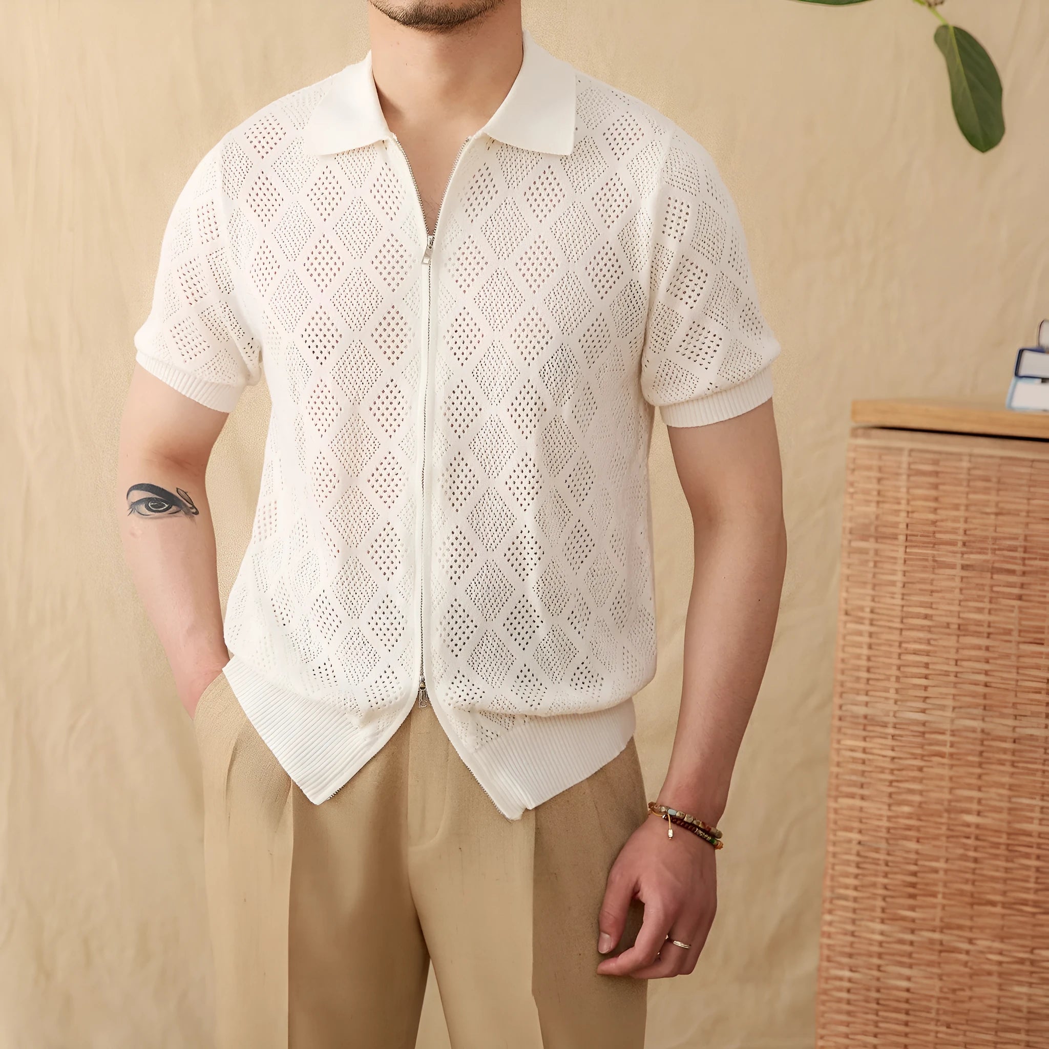 Men's light brown cotton lapel cardigan with zipper closure and short sleeves