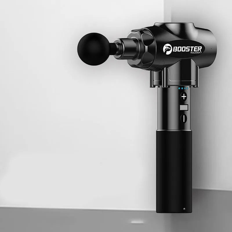 Black and white percussion muscle massage gun with adjustable speed settings