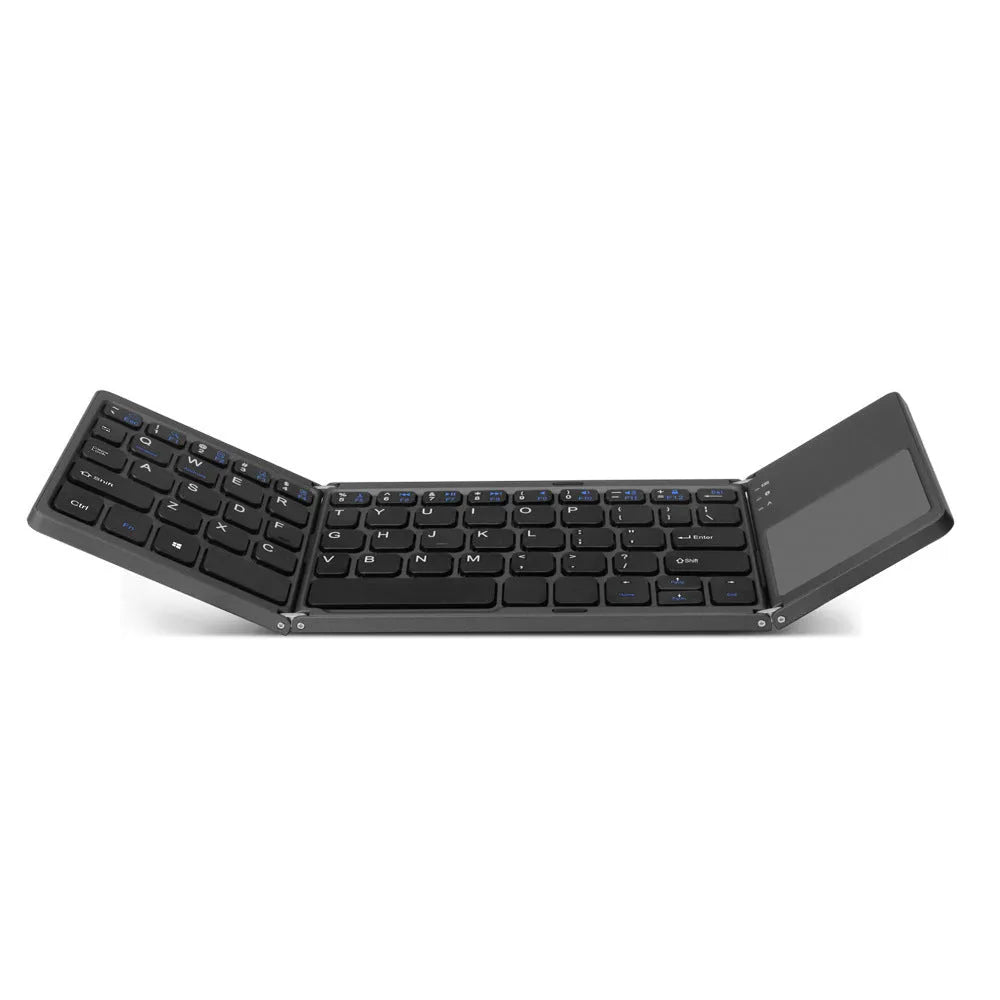 Ultra-thin tri-fold folding Bluetooth keyboard with touchpad shown in black and silvery white colours