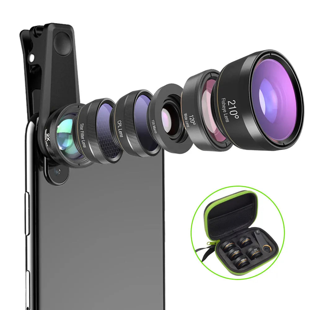 6 in 1 universal smartphone camera lens kit with fisheye, wide, macro, telephoto, CPL and star filter lenses and mounting clip.