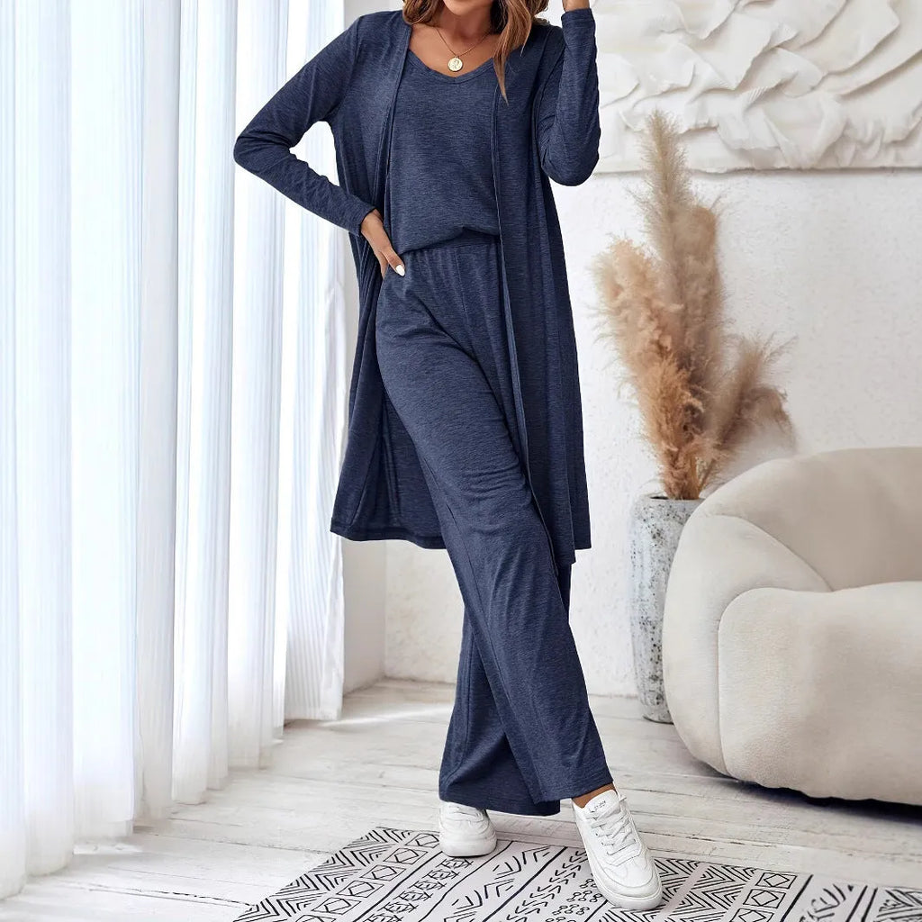 Blue women's three-piece casual suit set with cardigan, trousers and suspenders in Japanese Korean style
