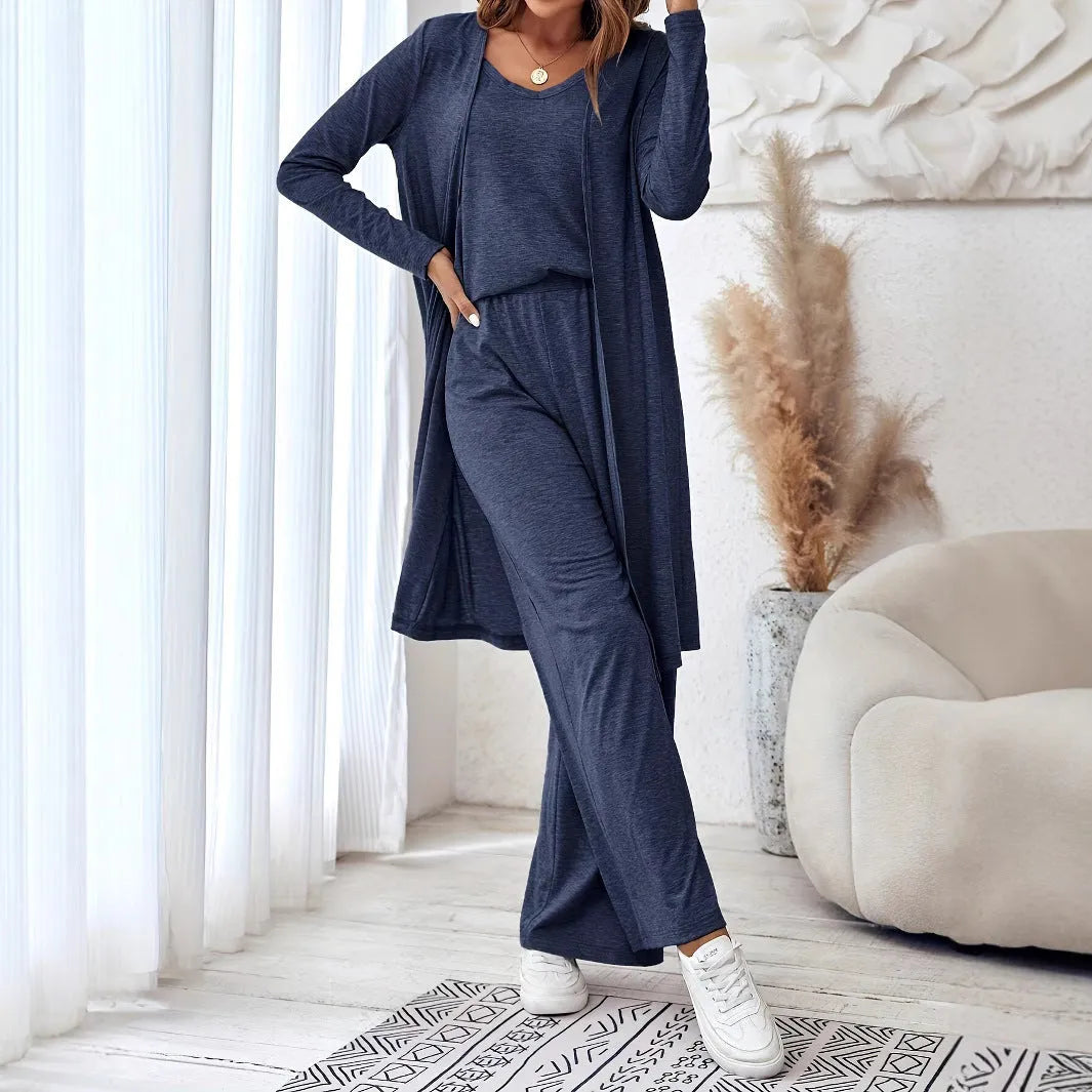 Blue women's three-piece casual suit set with cardigan, trousers and suspenders in Japanese Korean style