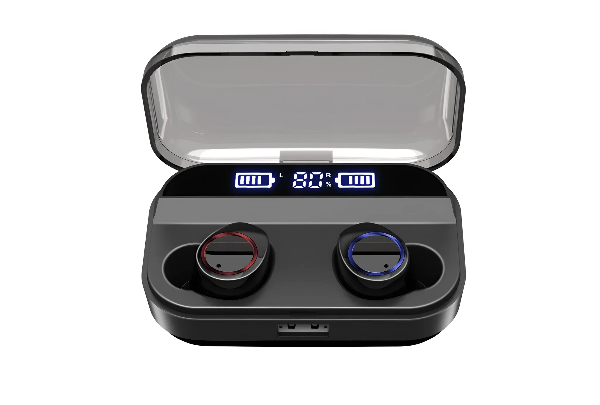 Black X11 Bluetooth wireless earbuds and charging case with six silicone ear sleeves.