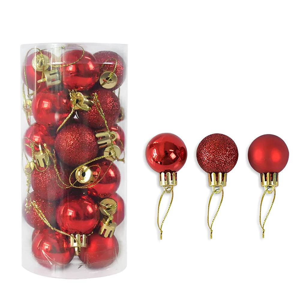 Assortment of 3cm diameter plastic Christmas balls in gold, red, silver, blue and other colours with electroplated finish