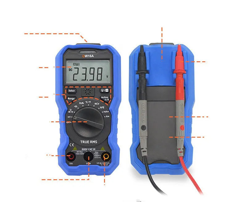Handheld digital multimeter on a workbench with test probes.