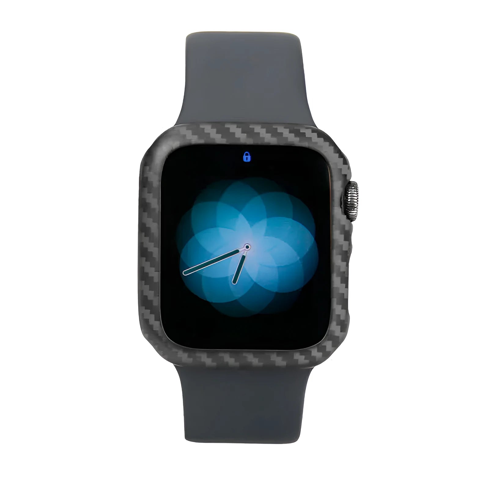 Apple Watch Series 4 44mm case in black carbon fibre leather design, showing ultra-thin half-wrap profile