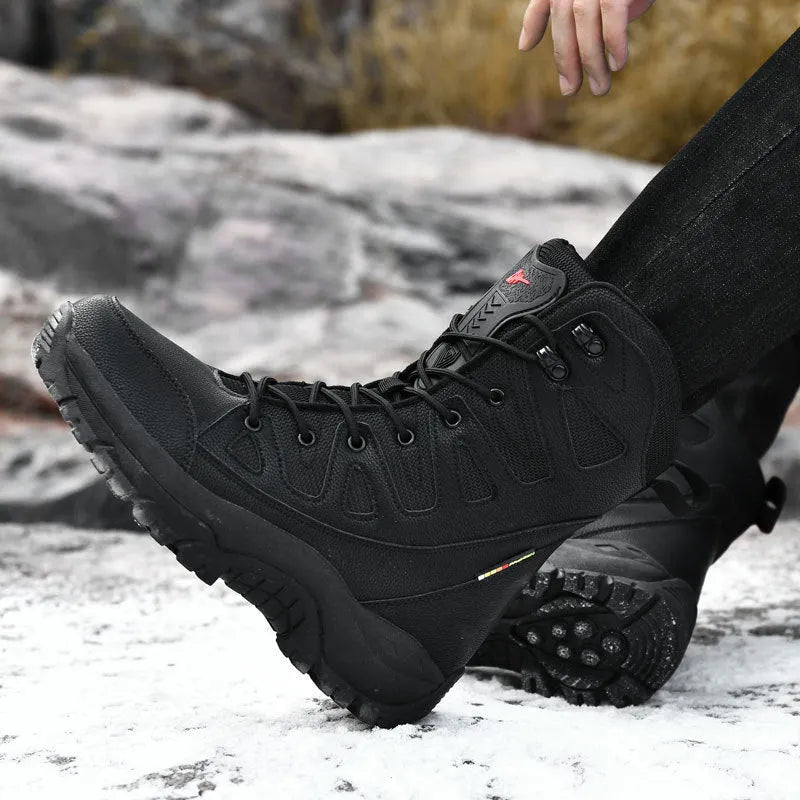 Cowhide leather hi-top hiking shoes in black, brown and beige colours on size chart background