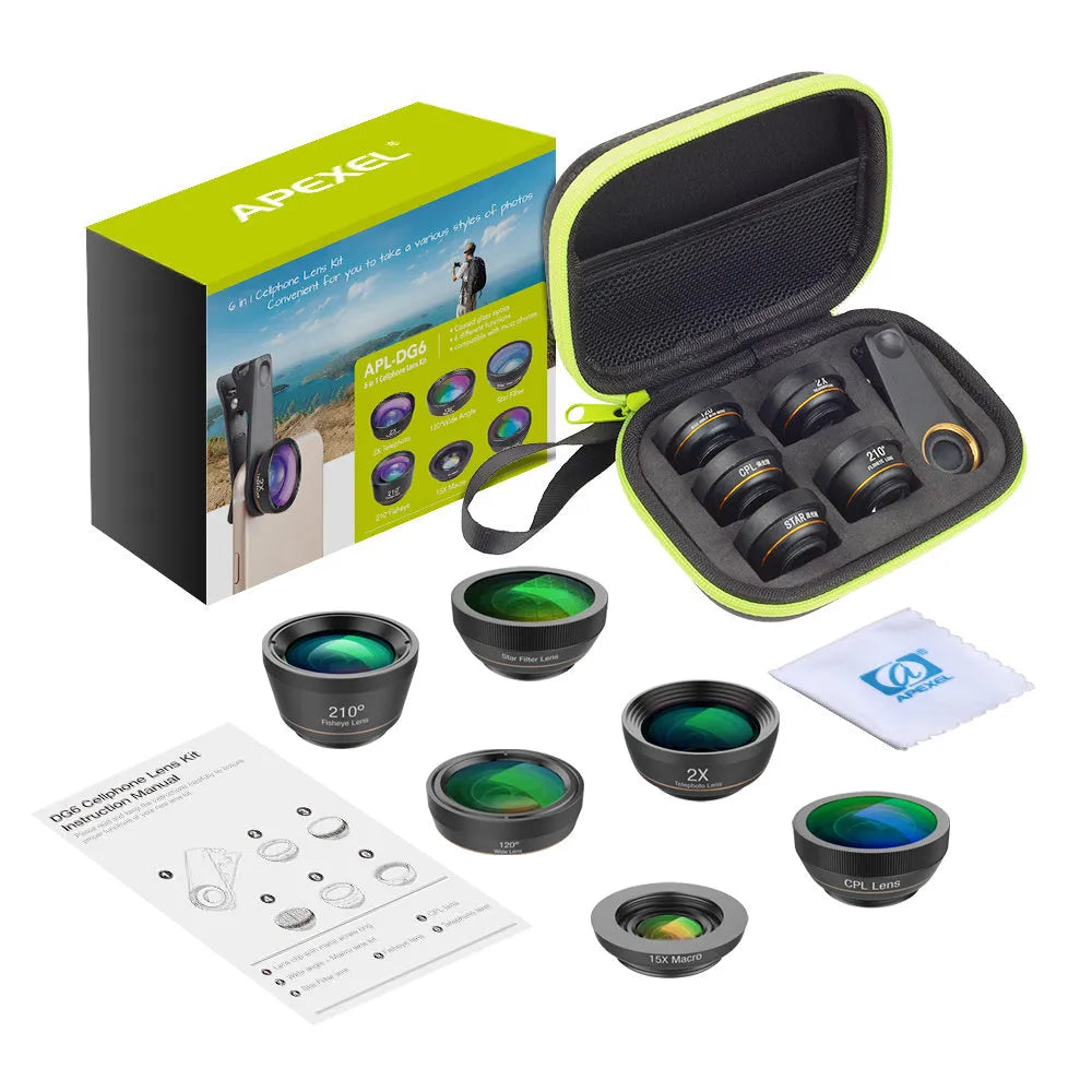 6 in 1 universal smartphone camera lens kit with fisheye, wide, macro, telephoto, CPL and star filter lenses and mounting clip.