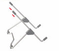 Grey aluminium alloy and plastic desktop stand holding a mobile phone and a laptop.