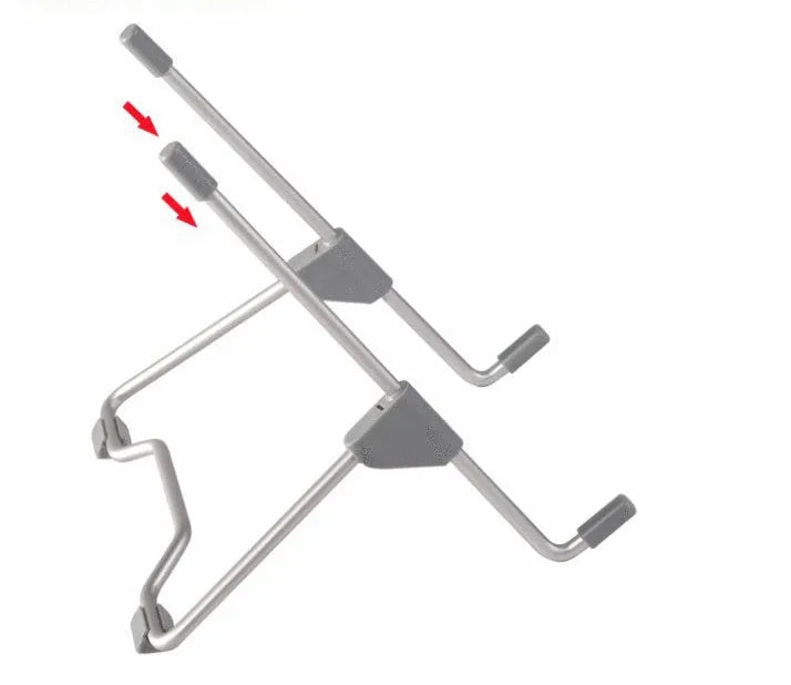 Grey aluminium alloy and plastic desktop stand holding a mobile phone and a laptop.