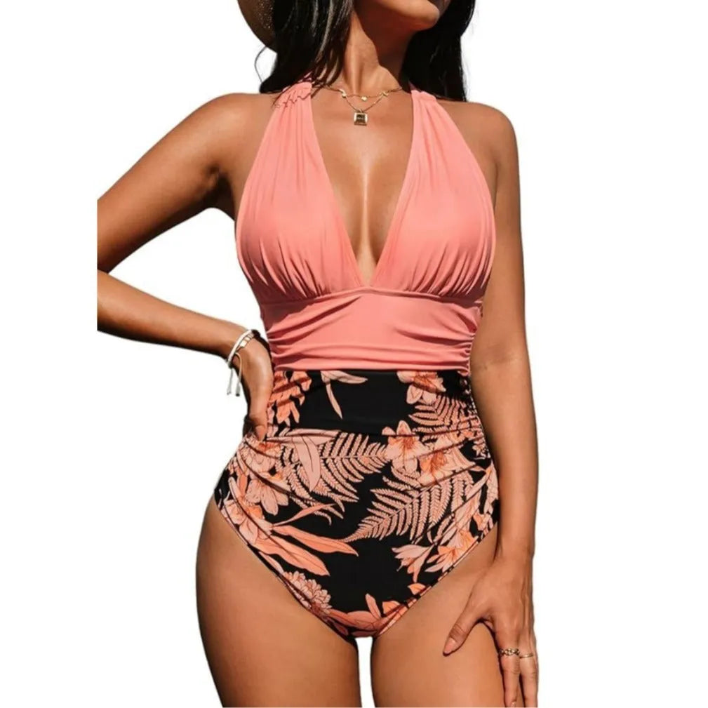 Women's halter neck one-piece swimsuit in quick-dry polyester with multiple pattern options