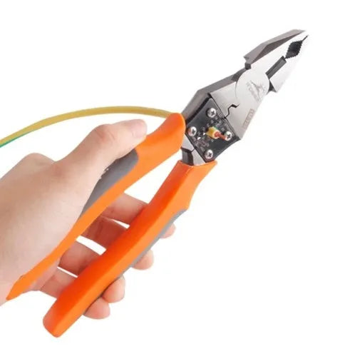 Orange multi-function wire cutter pliers with forged steel jaws and textured PVC handles.