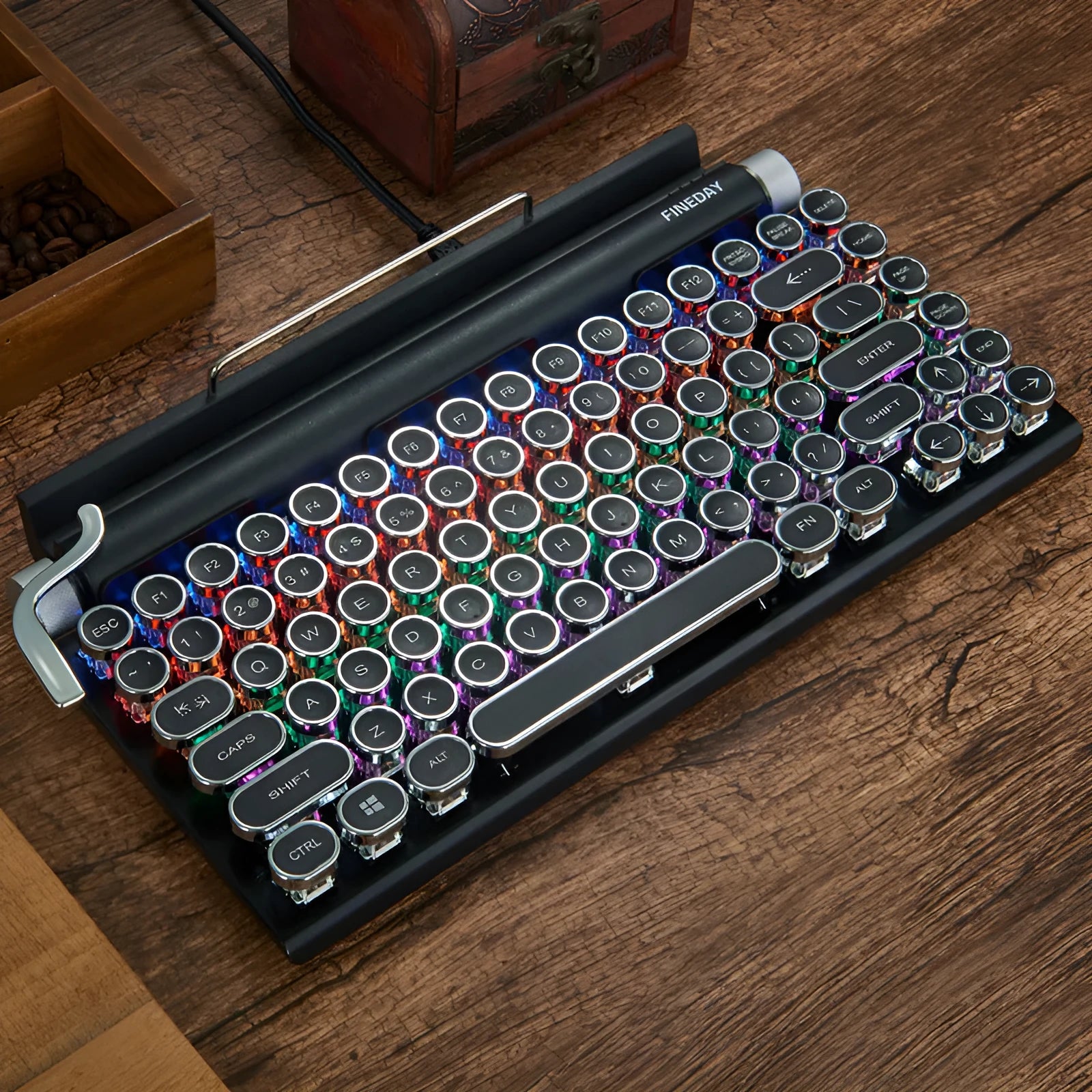 Dot retro-style black Bluetooth mechanical keyboard with RGB backlight on keys.