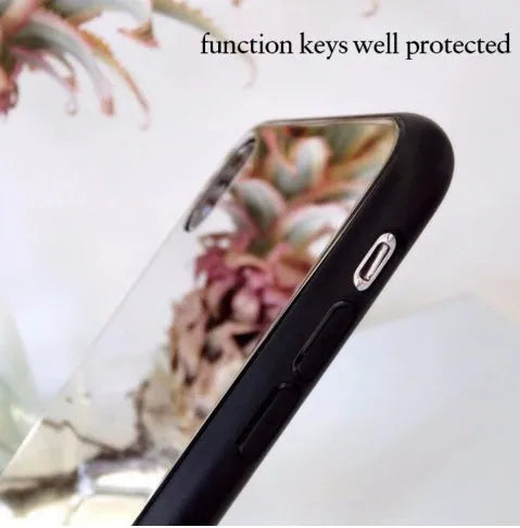 Black clear glass iPhone mirror phone case showing reflective surface and iPhone compatibility
