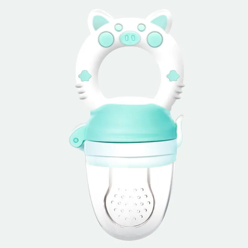 Silicone baby teether in blue, green or pink colours with food-grade material for infant gum relief