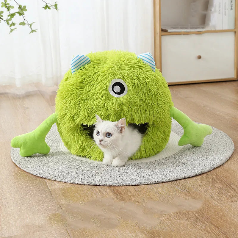 Fluffy round plush cat bed with non-slip base, shown in three sizes: small, medium, and large.