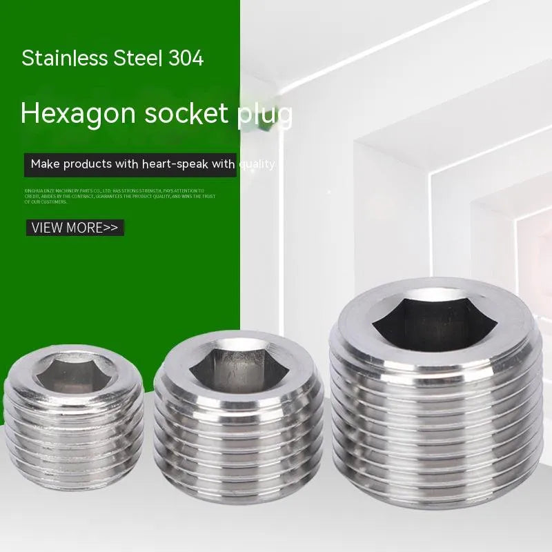 Stainless steel hexagon plug for 3/8 inch pipe bulkhead with hexagonal head.