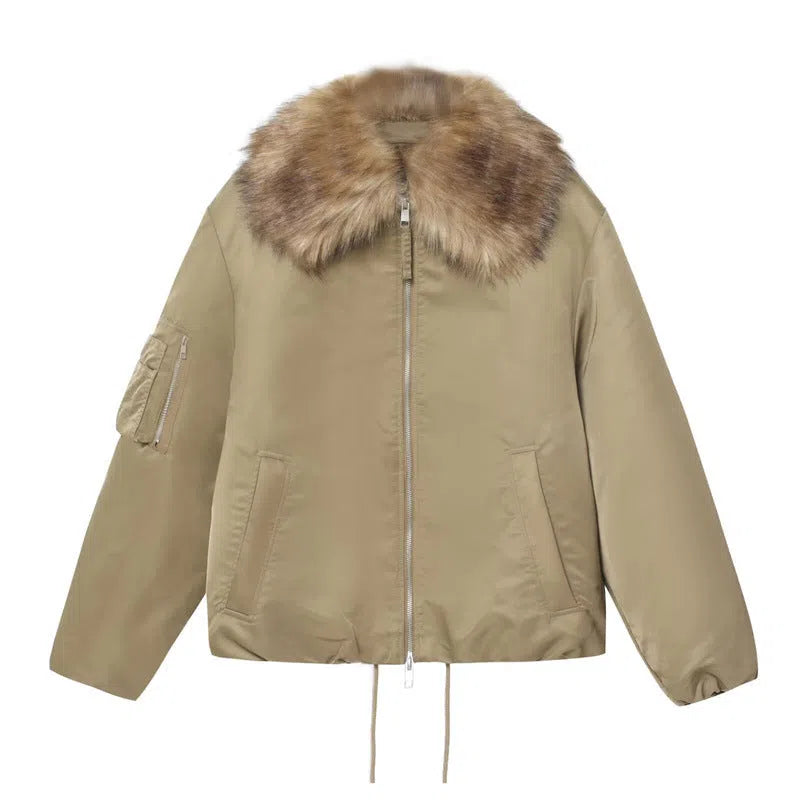 Women's khaki detachable fur collar PU cotton coat with long sleeves and zipper closure