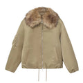Women's khaki detachable fur collar PU cotton coat with long sleeves and zipper closure