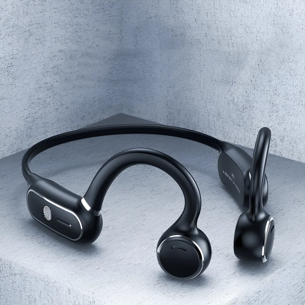Black air conduction Bluetooth earphone with titanium frame showing ergonomic design