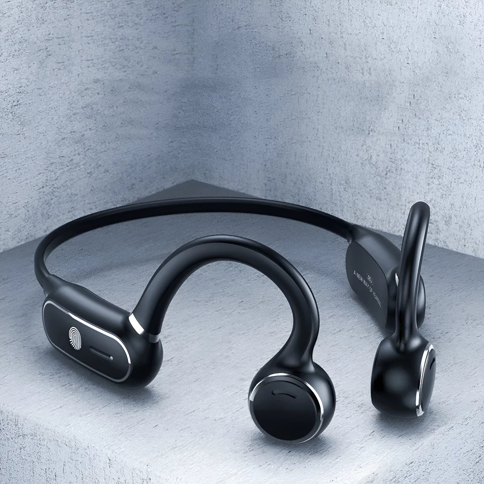 Black air conduction Bluetooth earphone with titanium frame showing ergonomic design