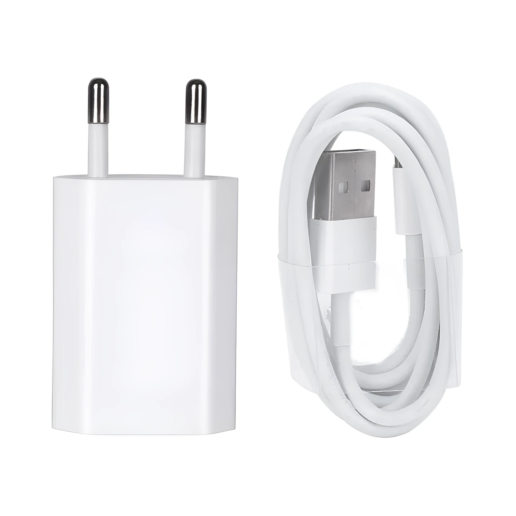 Compact white USB travel charger with 5V 2A output next to iPhone and iPad showing compatibility
