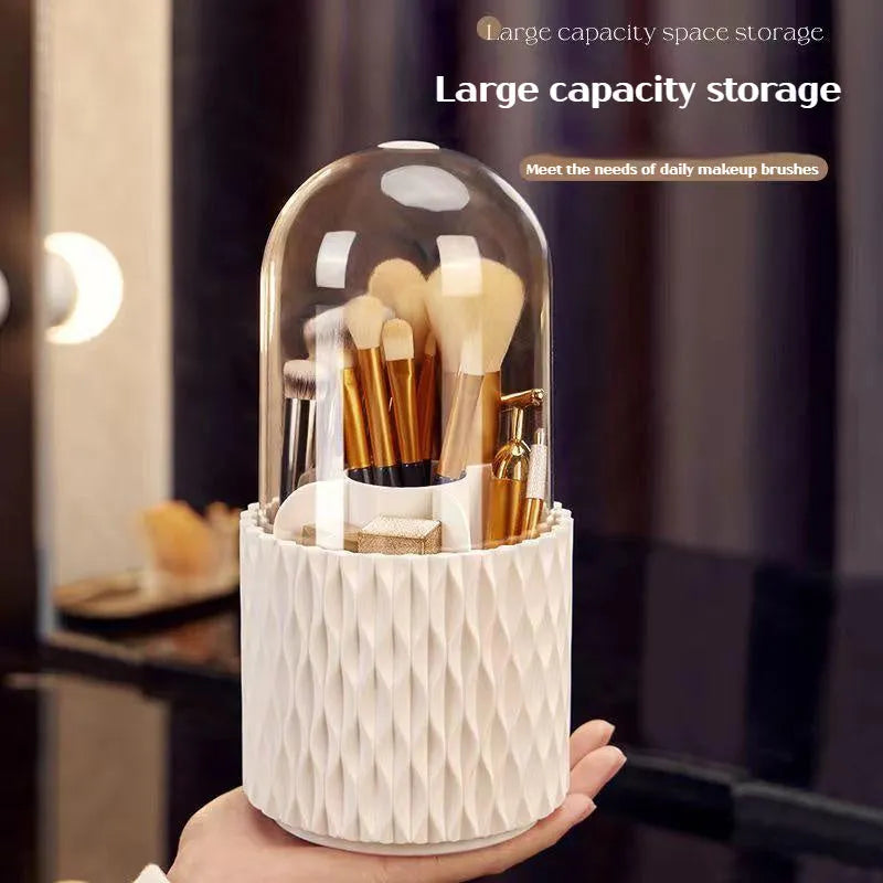 White rotating transparent acrylic makeup brush holder with dustproof lid on desktop