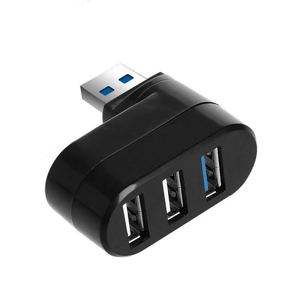 Black USB rotary splitter hub with four ports and swivel design on white background
