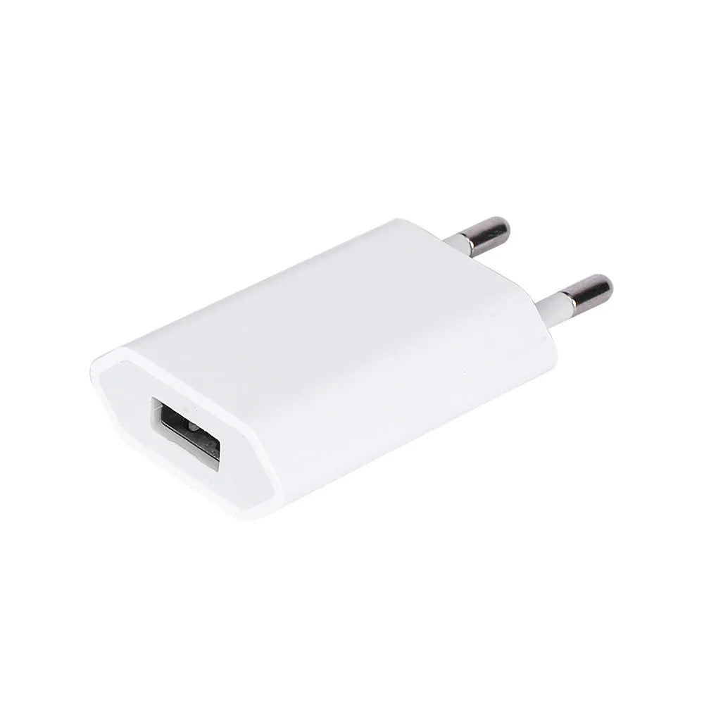 Compact white USB travel charger with 5V 2A output next to iPhone and iPad showing compatibility