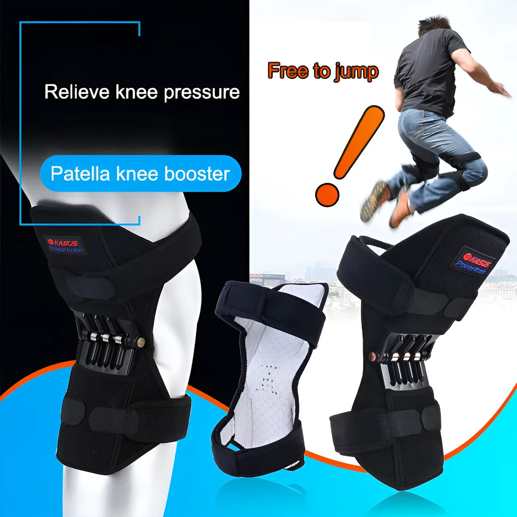 Adjustable spring knee brace for patella support in black colour with straps and venting holes