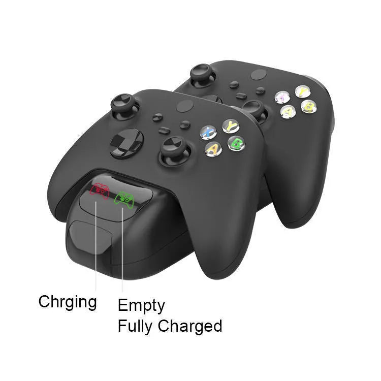 Black dual charging dock for Xbox Series X controllers with two battery packs and LED lights