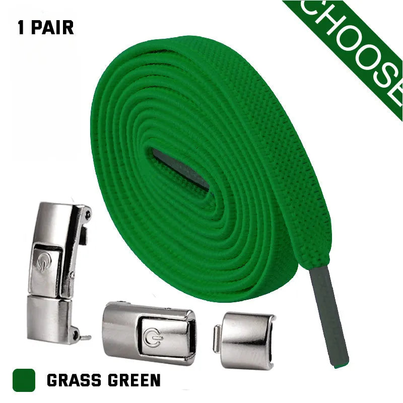 Pack of black press lock elastic no-tie shoelaces with 8mm flat width on a white background.