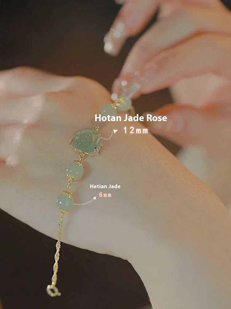 Women's bracelet with Hetian jade rose design and 14K gilded floral elements