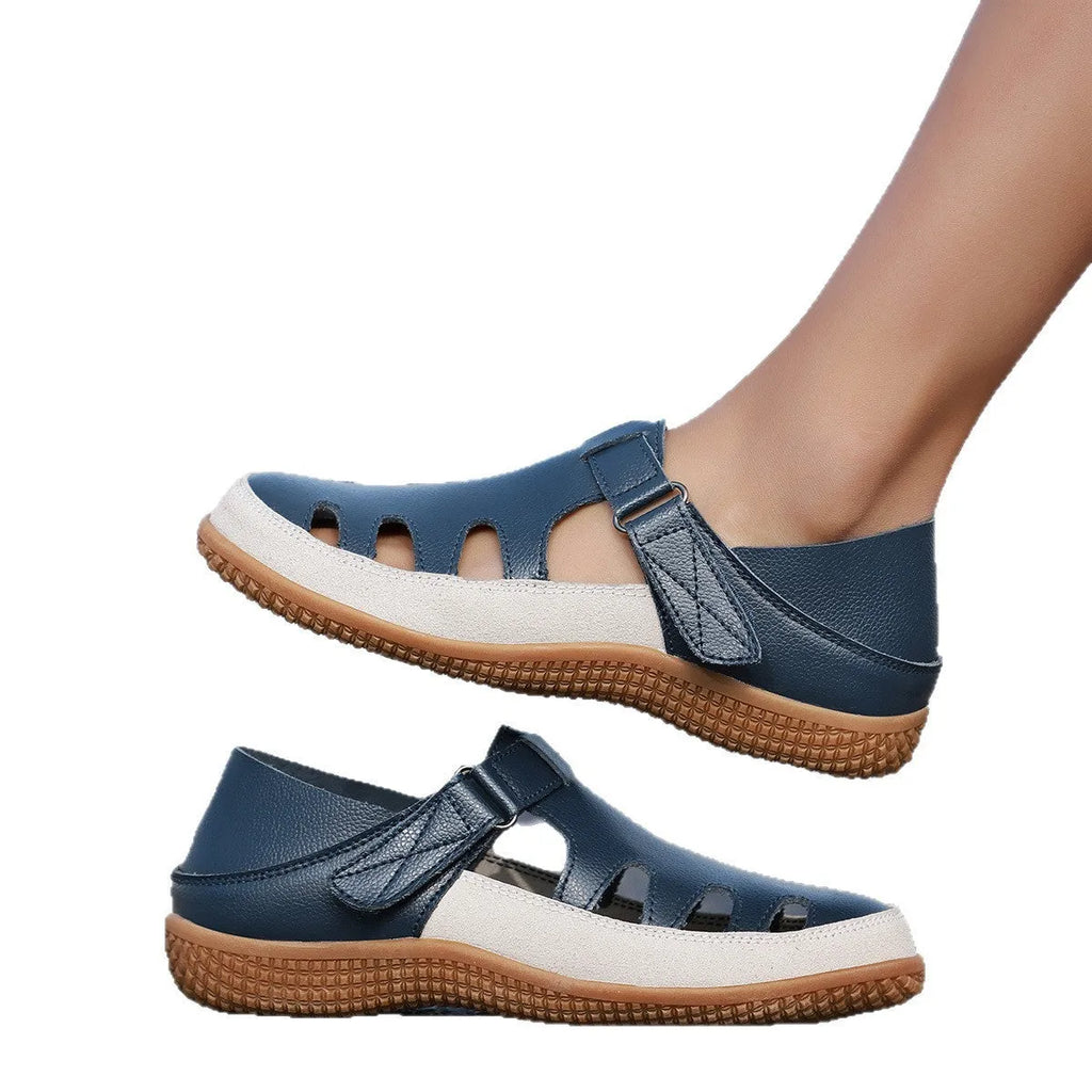 Plus size women's flat sandals with toe cap and hollow breathable design in blue colour