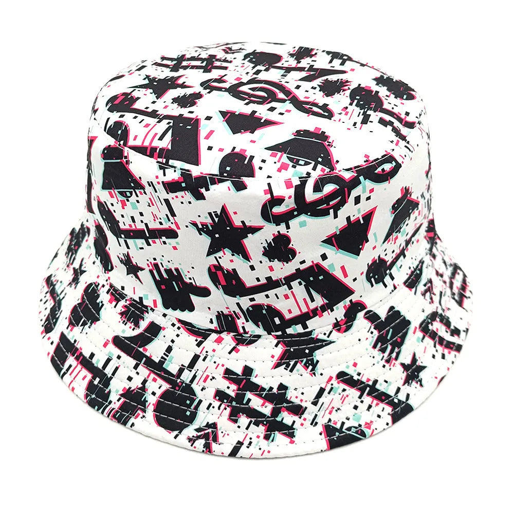Musical note patterned polyester bucket hat with dome crown in size M fitting 56-58cm