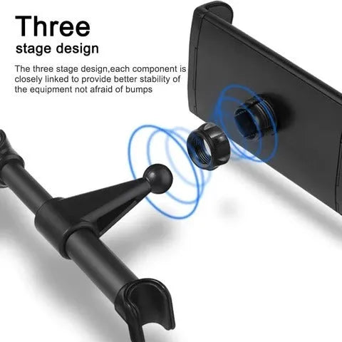 Black universal car phone holder mounted on rear seat base holding a tablet