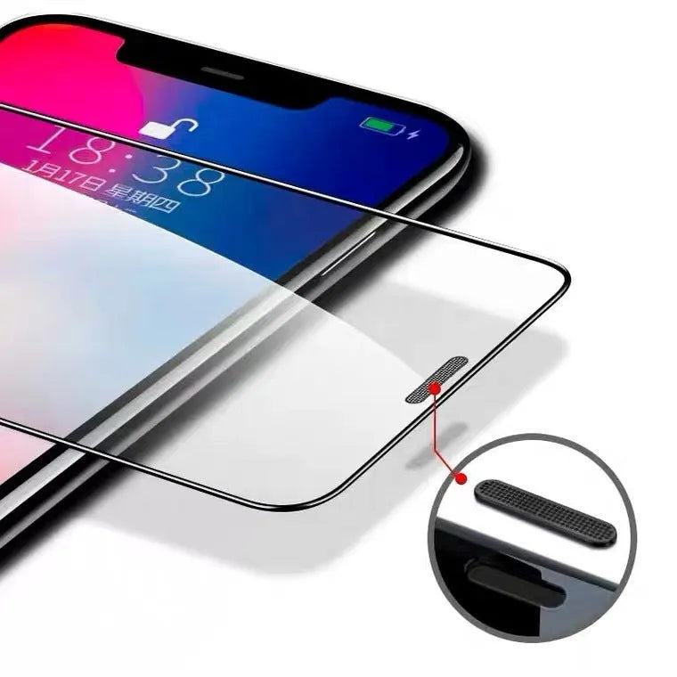Tempered glass screen protector for iPhone on a table, showing full coverage and clarity.