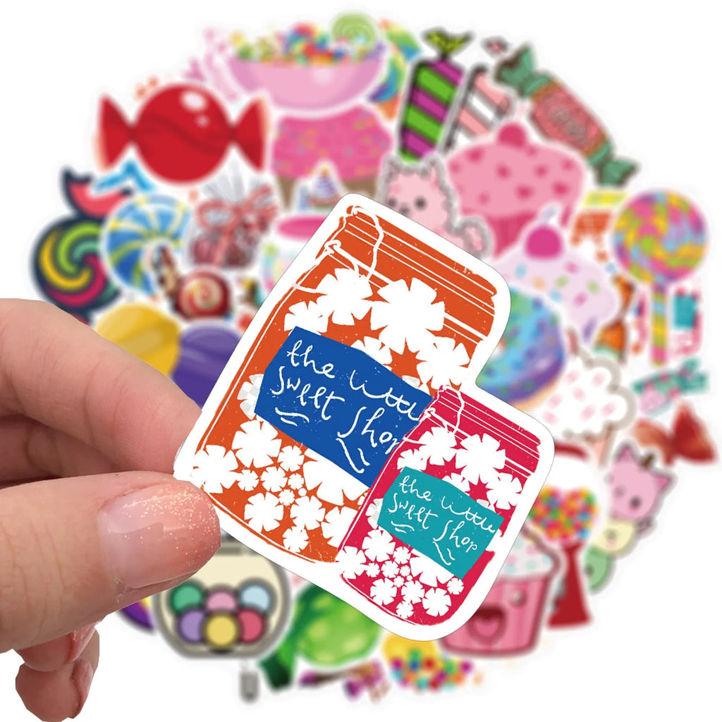 Colourful candy graffiti sticker sheets with cartoon designs measuring 4-6cm