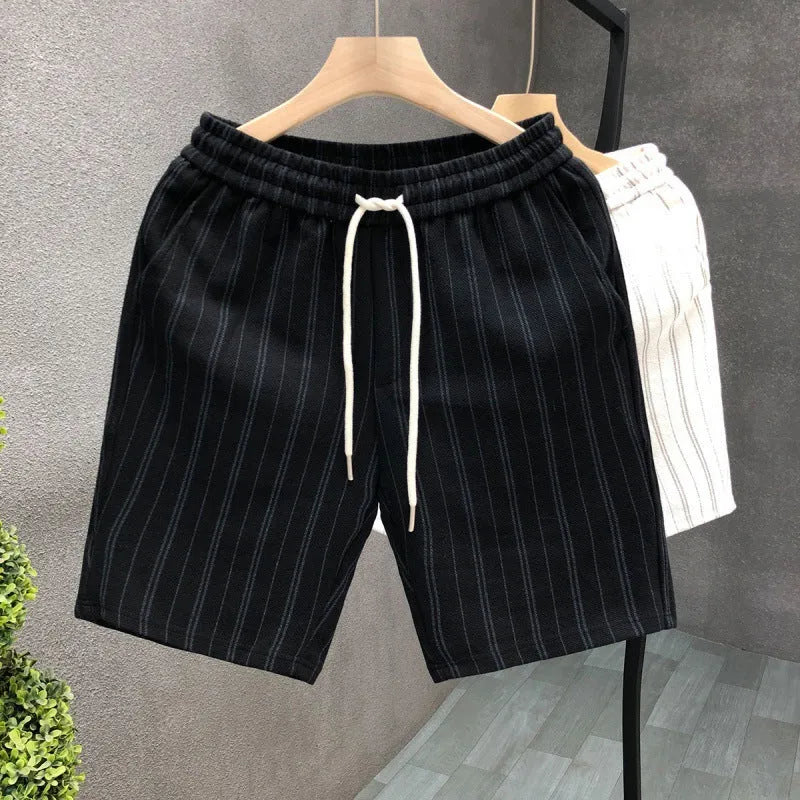 Men's black and white striped fleece-lined casual shorts with double waistband and ankle banded design