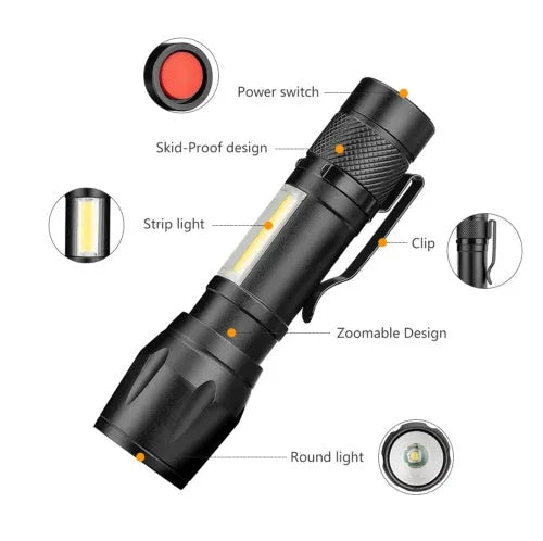 Black aluminium alloy telescopic LED flashlight with zoom adjustment and clip for carrying