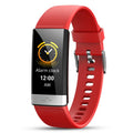 V19 smart fitness bracelet showing colour display with health metrics, available in black blue or red colours