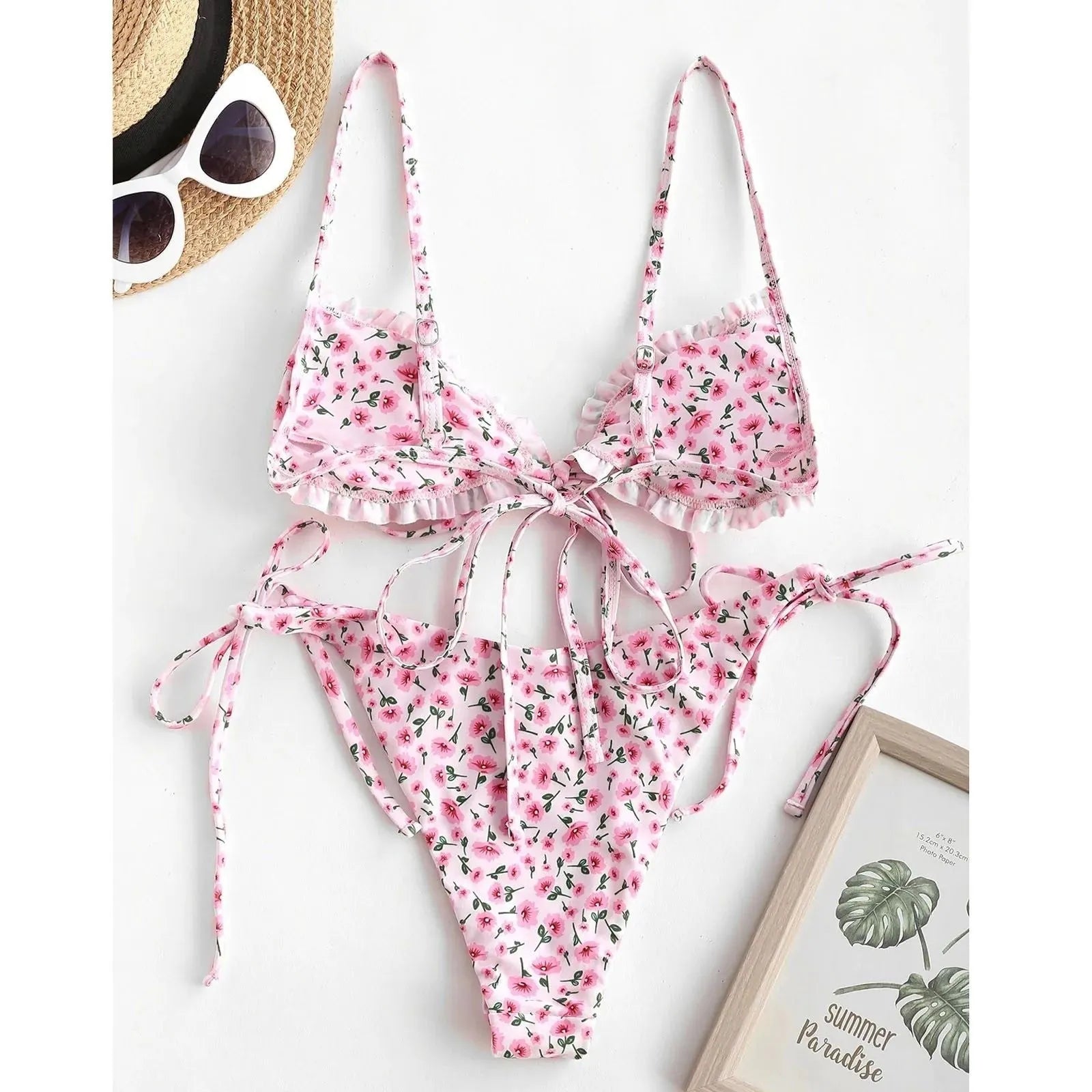 Printed multi-rope banded bikini women's swimsuit in blue with short sleeves and lapel collar