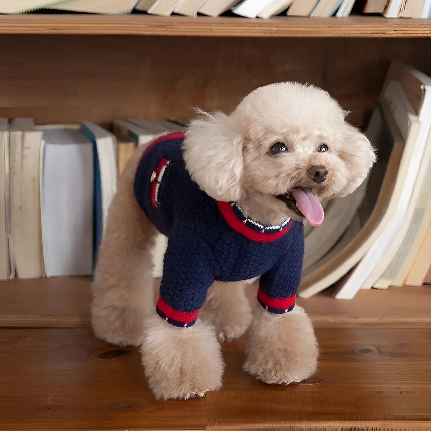 Blue wool princess-style sweater cardigan for dogs and cats shown on a pet model