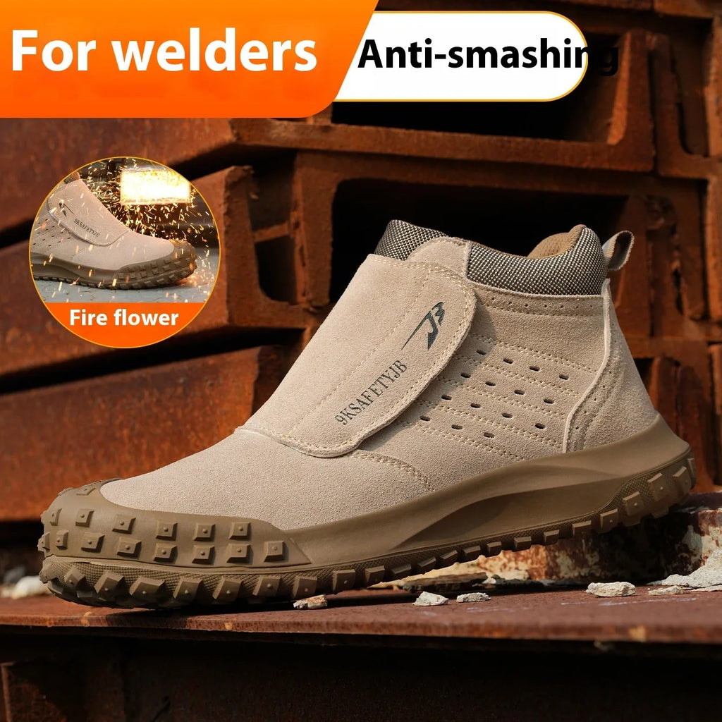 Low-top grey PU leather safety work shoes with lace-up front and steel toe cap on a rubber sole.