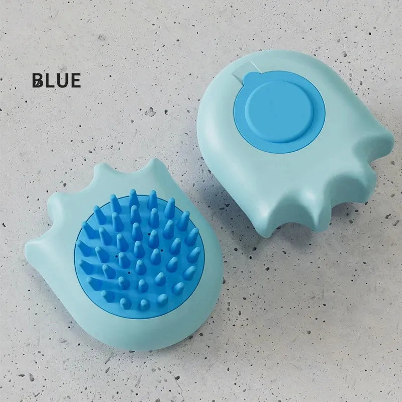 Blue plastic pet bath brush with integrated shampoo box and comb.