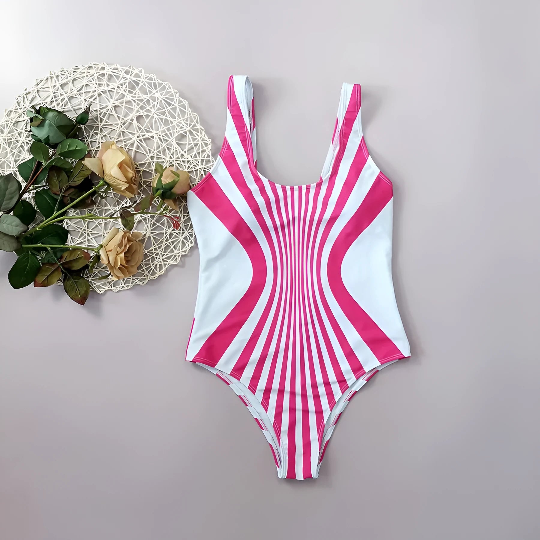 Pink striped one-piece swimsuit for women with digital print on front and back.
