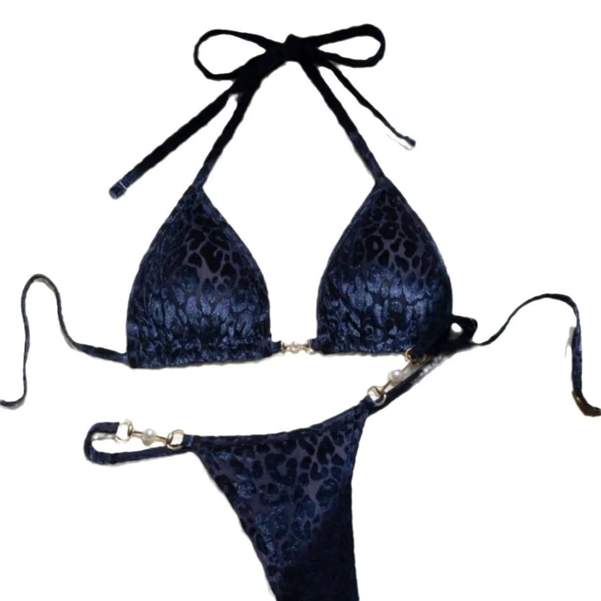 Women's blue leopard print T-shaped swimsuit bikini made from polyester and spandex fabric.