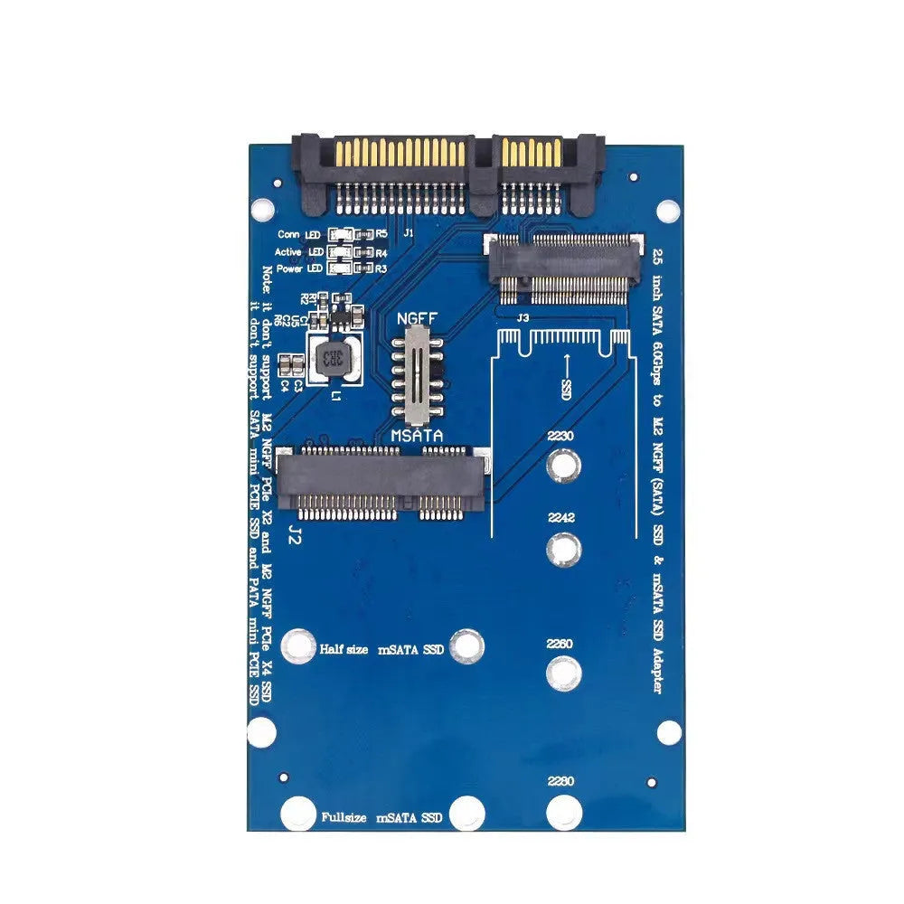 Black or blue SATA 3 to M.2 NGFF mSATA SSD adapter conversion card on white background.