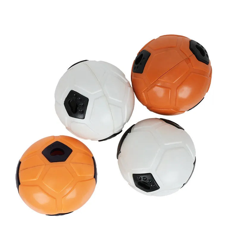 TPR dog chew toy ball in orange and white colours showing hollow style and teeth cleaning rod variations